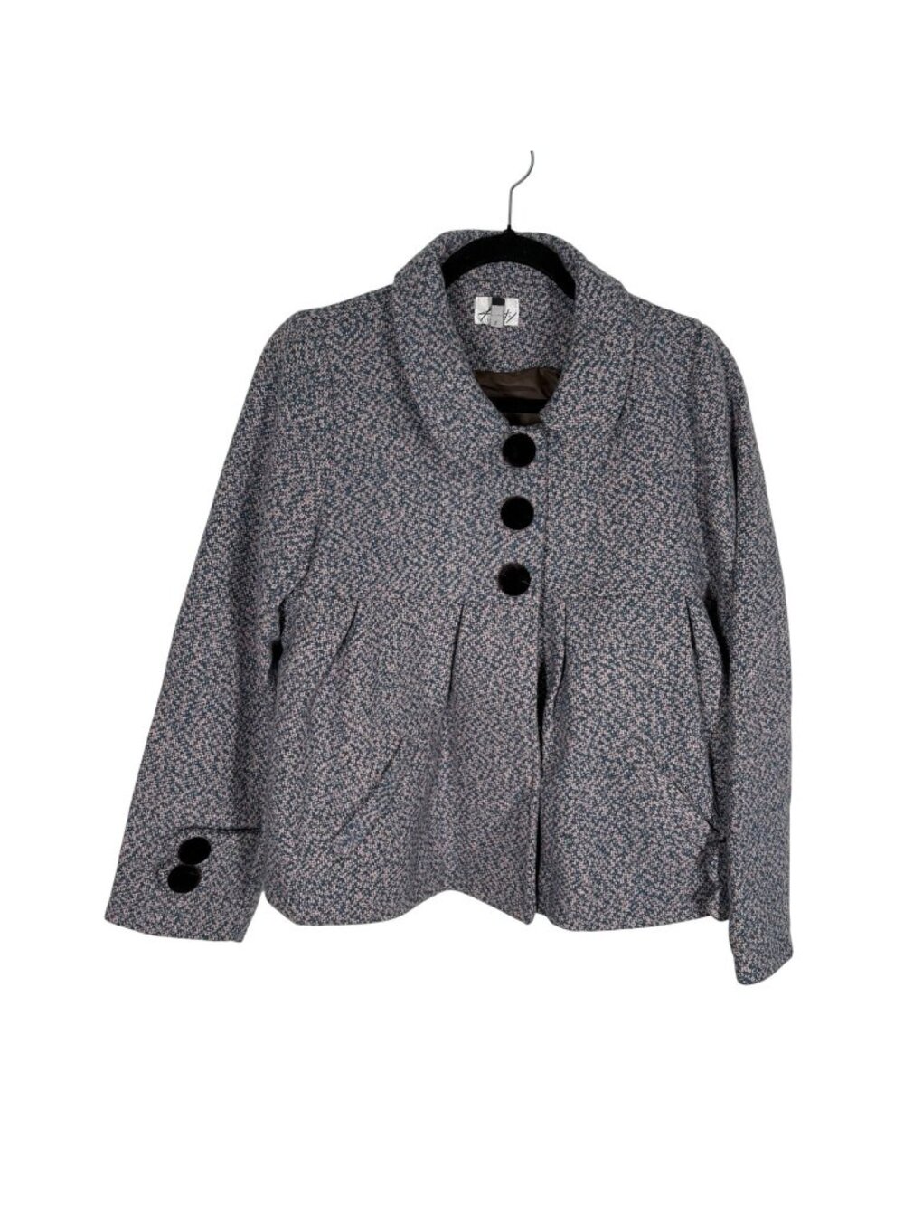 Kaity Women L Pink Teal Tweed Wool Blend Retro Preppy Bow Swing Peacoat NWOT